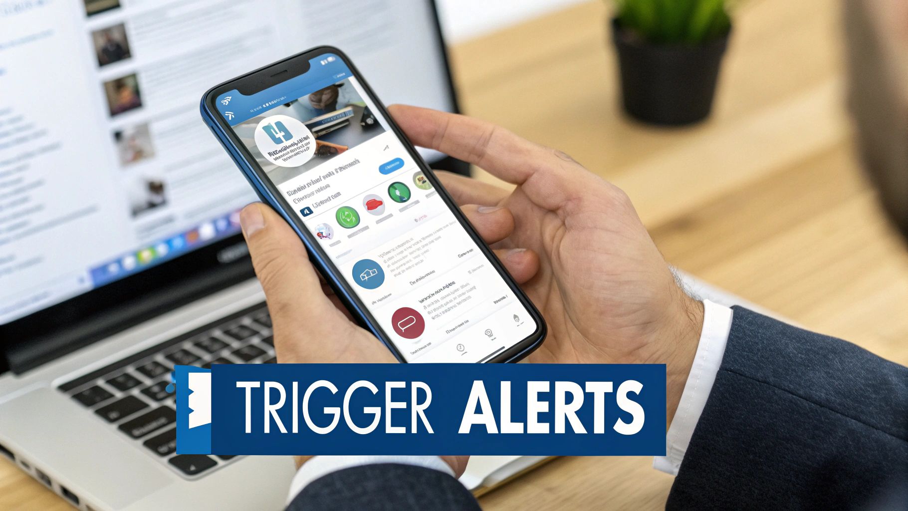 A person holds a smartphone displaying a business app with icons and 'TRIGGER ALERTS' over a laptop.