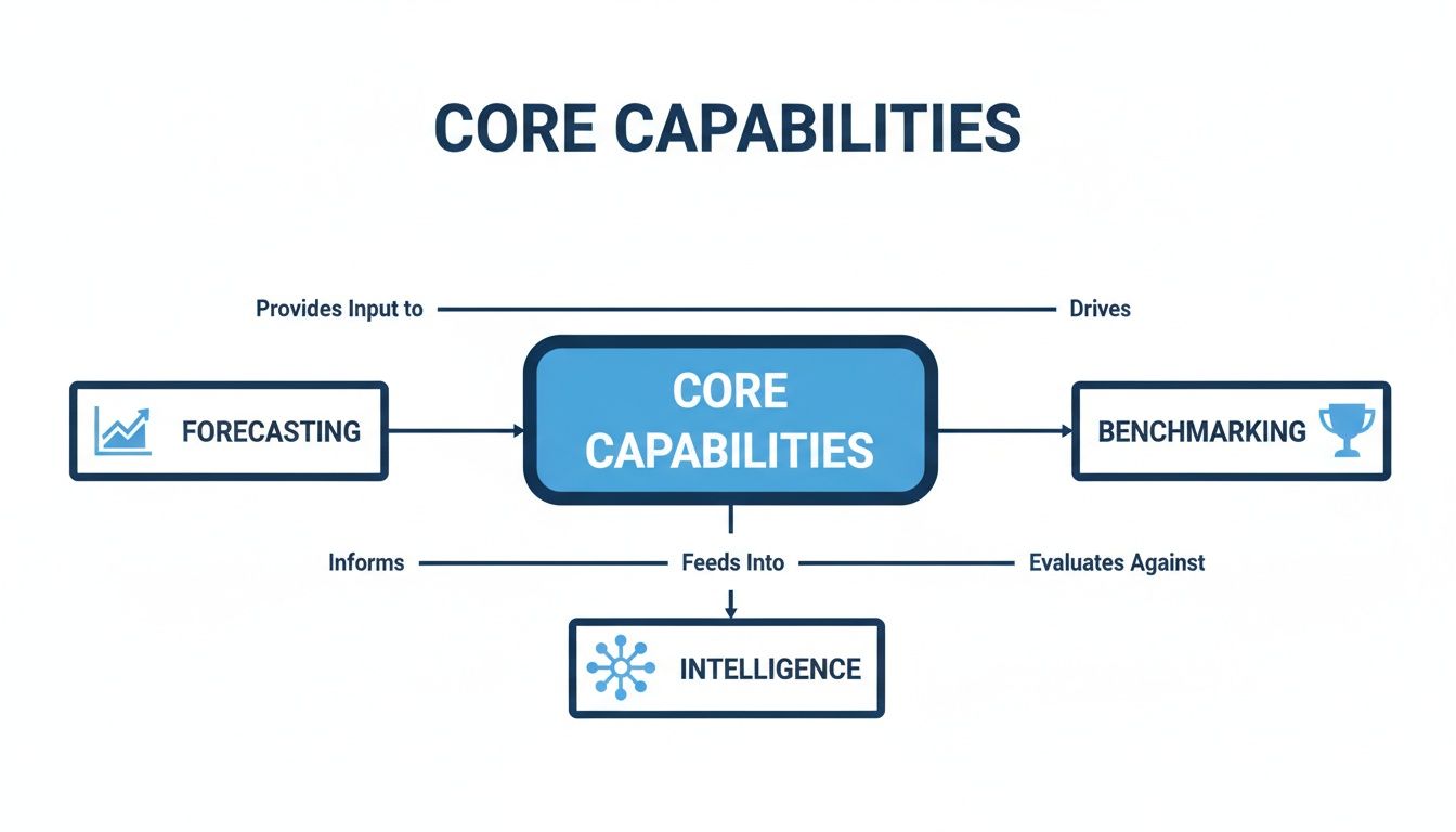 A core capabilities diagram showing connections to forecasting, benchmarking, and intelligence for strategic analysis.
