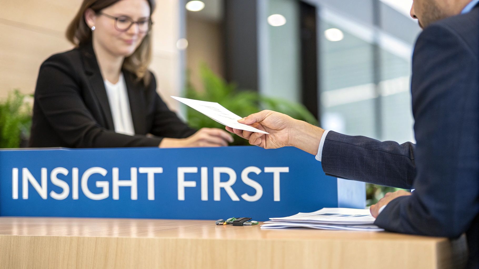 A sales professional on a call pointing to a screen with data-driven insights about a bank's performance.