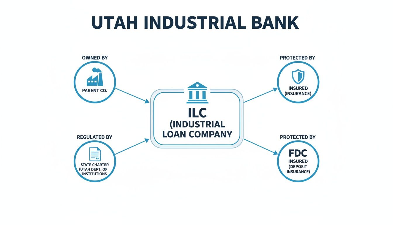A diagram illustrating the ownership, regulation, and protection of a Utah Industrial Loan Company (ILC).