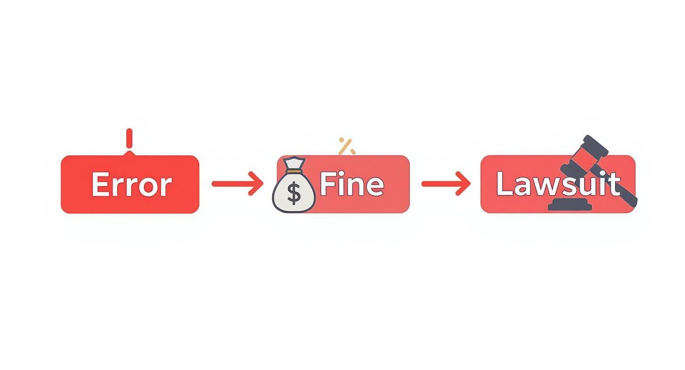 Infographic showing the process flow of a reporting error, starting with an error icon, leading to a fine represented by a money bag, and ending with a lawsuit represented by a gavel.