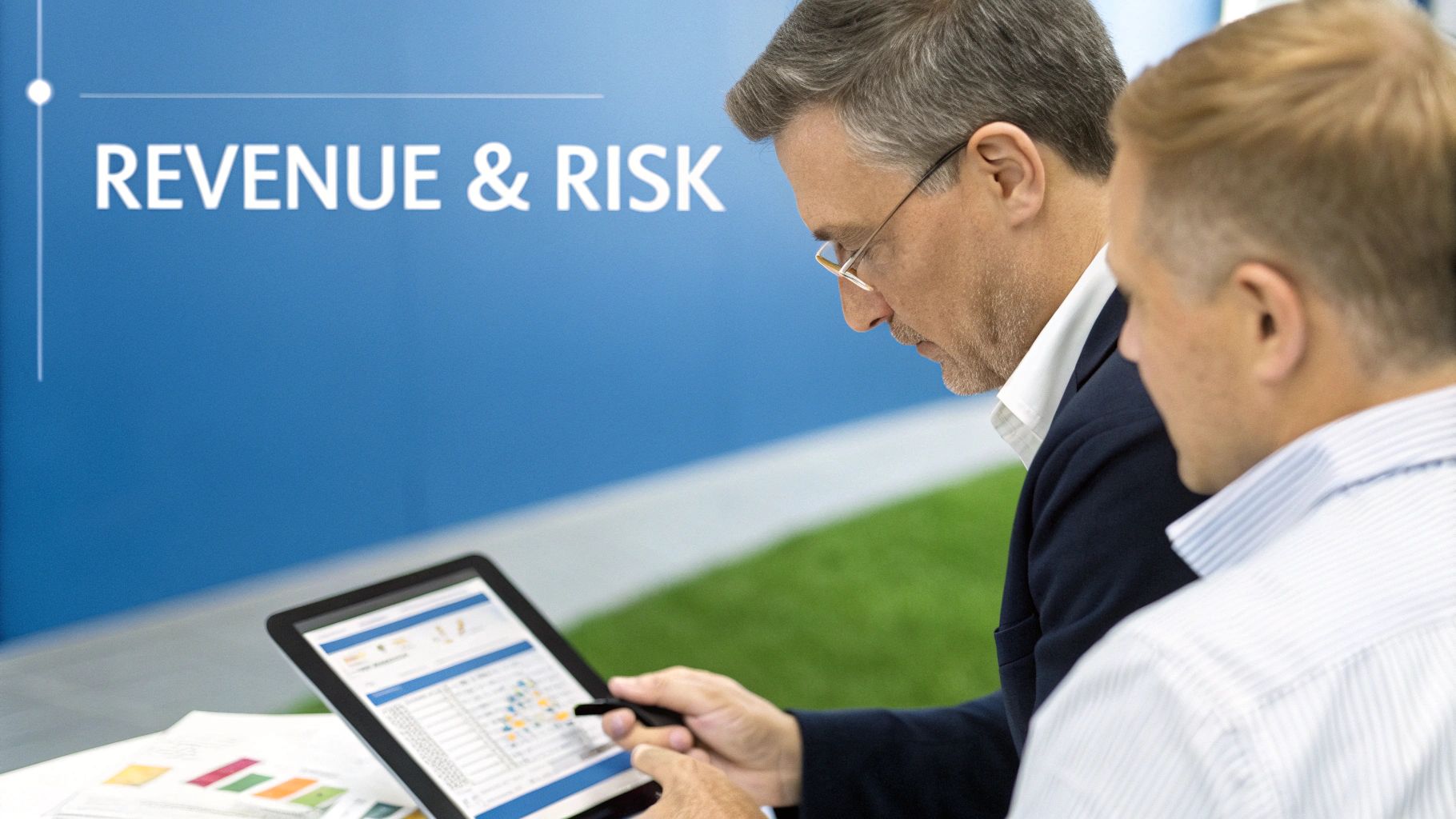 Two businessmen analyzing financial data on a tablet with 'REVENUE & RISK' text in the background.