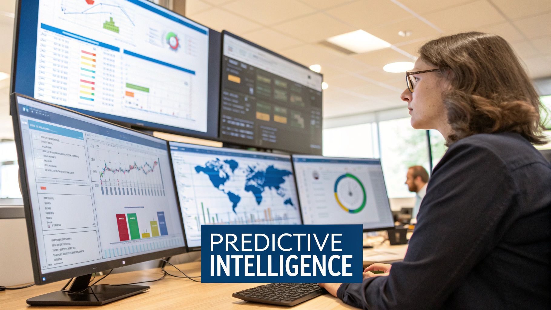 A group of professionals analyzing charts and data on a large screen in a modern office.