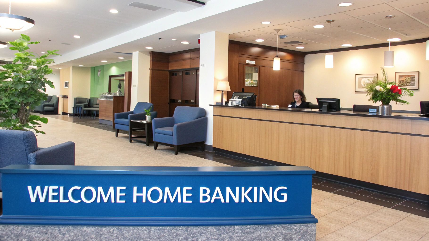 A friendly banker talking to a customer in a bright, modern bank lobby.