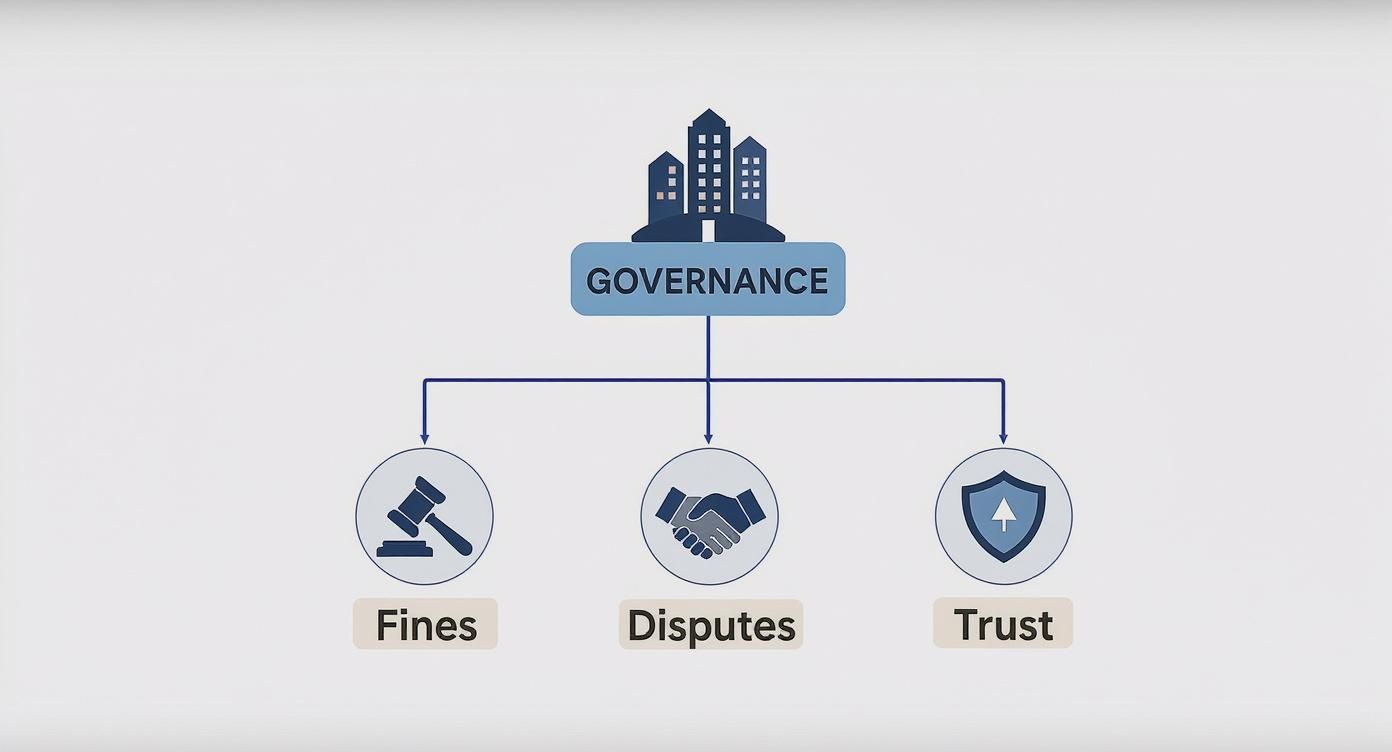 Governance framework diagram showing three pillars: fines, disputes, and trust under building icons