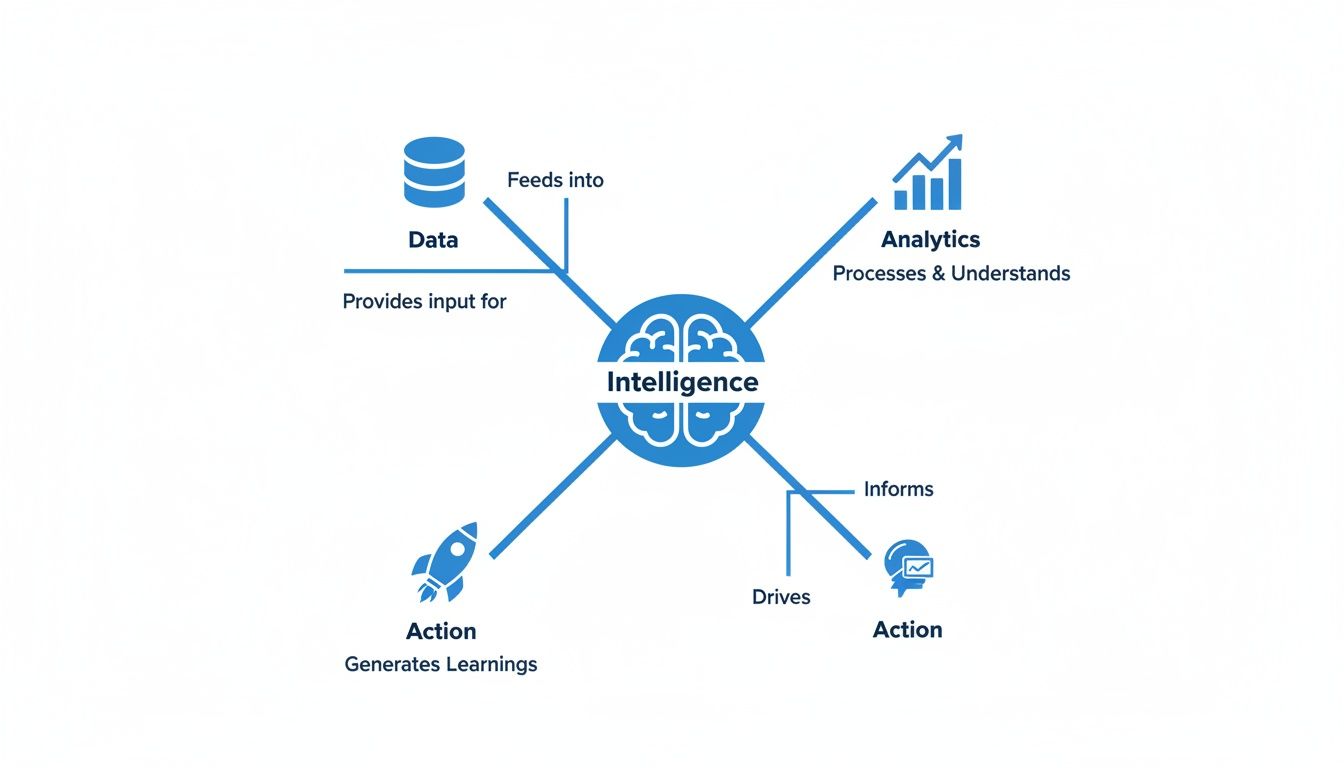 Diagram showing intelligence at center, connected to data, analytics, and action for continuous learning.