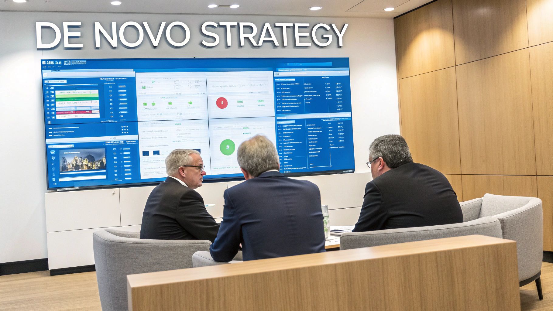 Professionals in suits review data on a large display under "DE NOVO STRATEGY" sign.