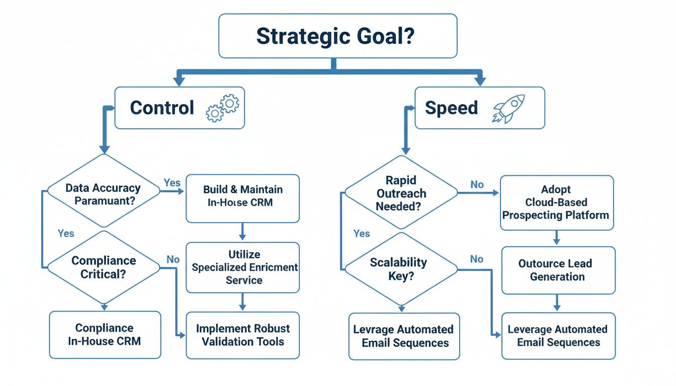 Flowchart detailing strategic goals related to control vs. speed for data management and lead generation.