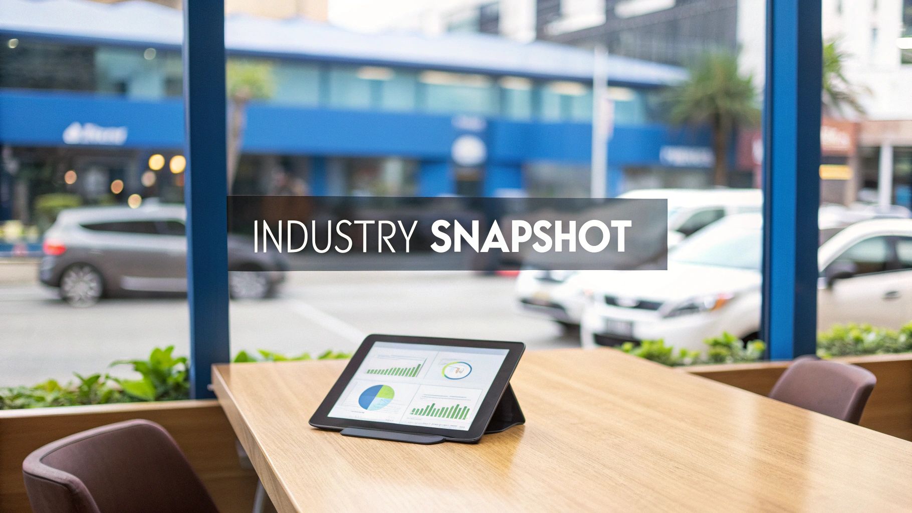 A tablet displaying charts and graphs on a wooden table in a modern office or cafe setting.