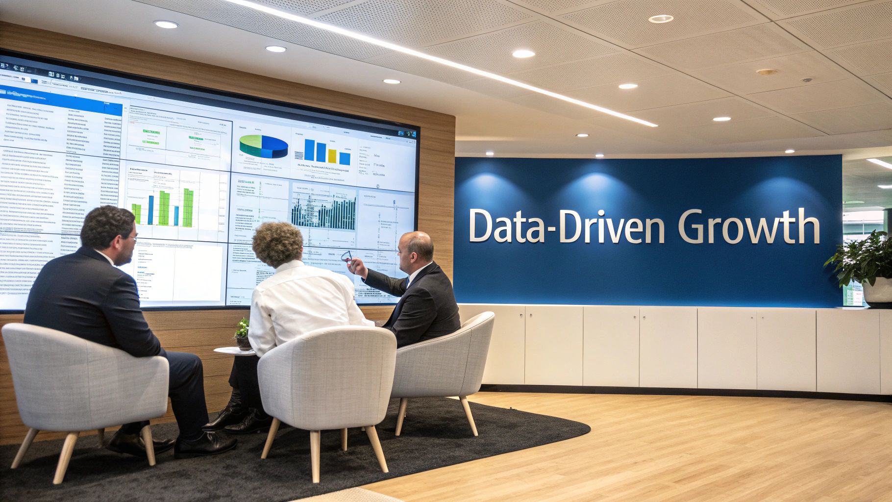 Three businessmen in a modern office analyzing data on a large screen, with 'Data-Driven Growth' on the wall.
