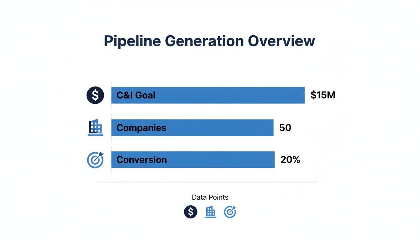 A pipeline generation overview displaying a C&I goal of $15M, 50 companies, and a 20% conversion rate.