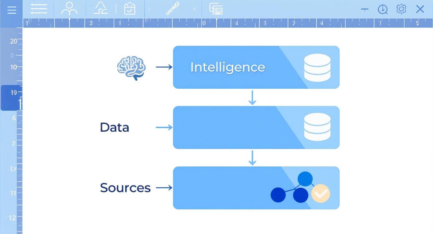 Conceptual diagram showing intelligence, data, and sources with associated brain and database icons.