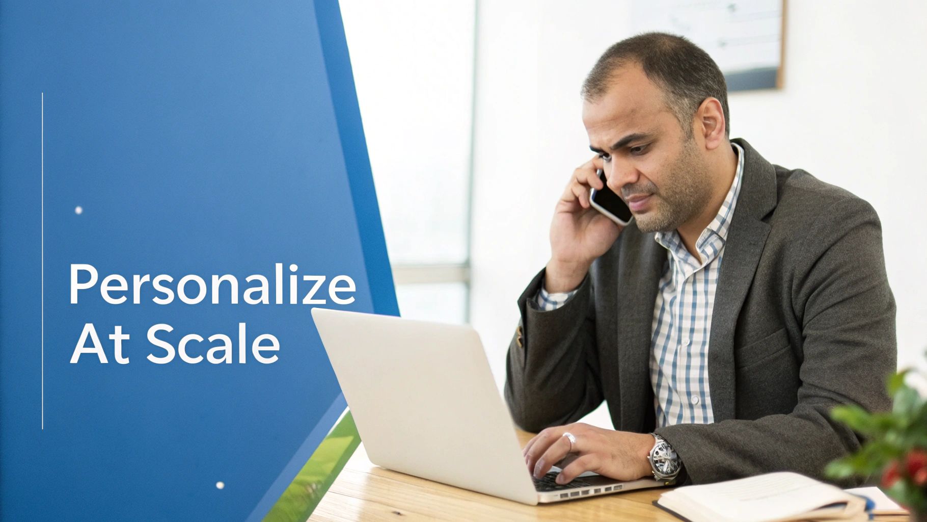 A focused businessman multitasking with a phone call and laptop in a bright office setting.
