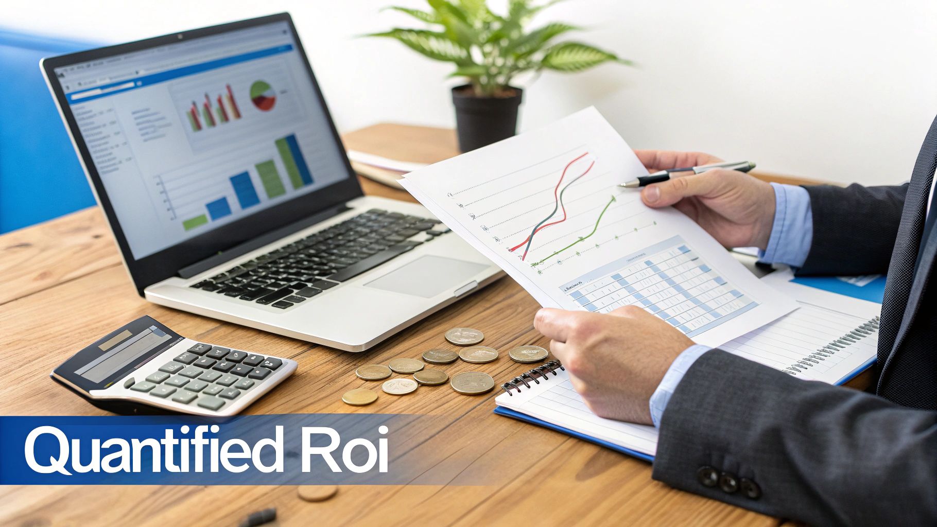 A person analyzes financial data with graphs, a laptop, calculator, and coins on a wooden desk.