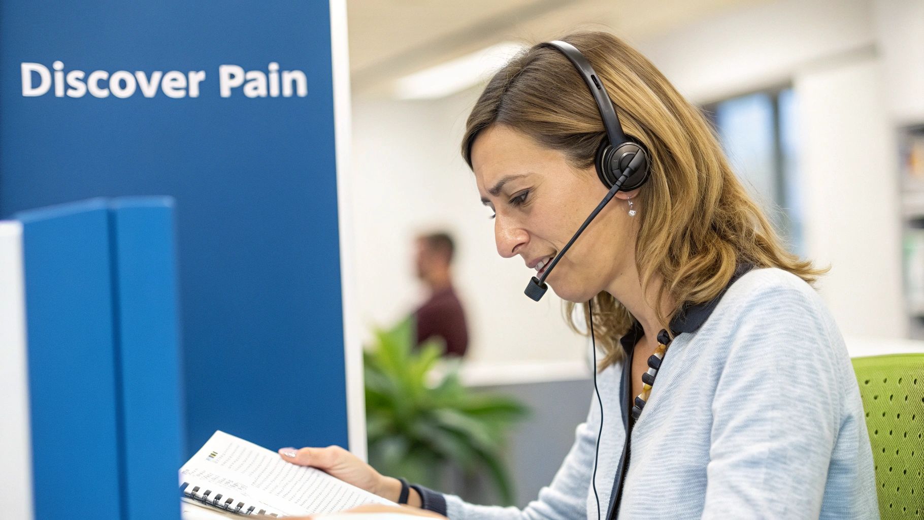 A focused woman wearing a headset reads a notebook in an office setting, with a 'Discover Pain' sign.