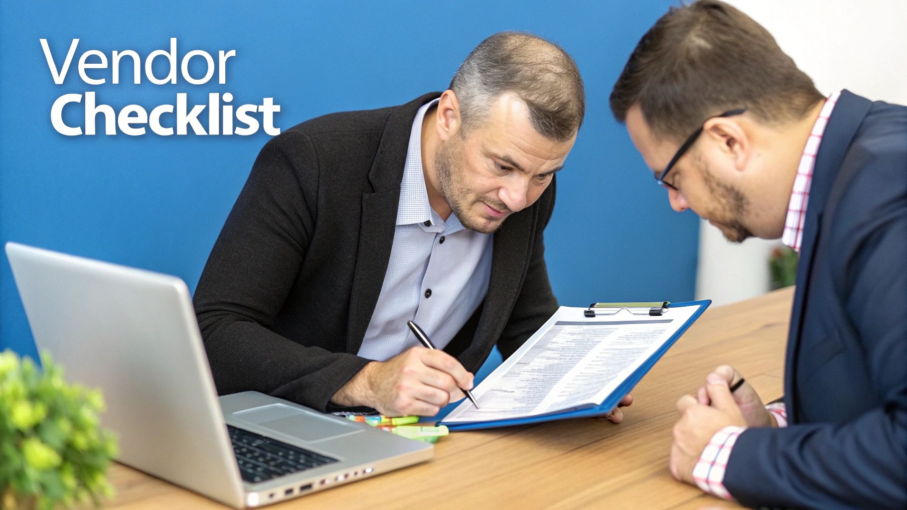 Two business professionals reviewing vendor checklist document together at office desk with laptop