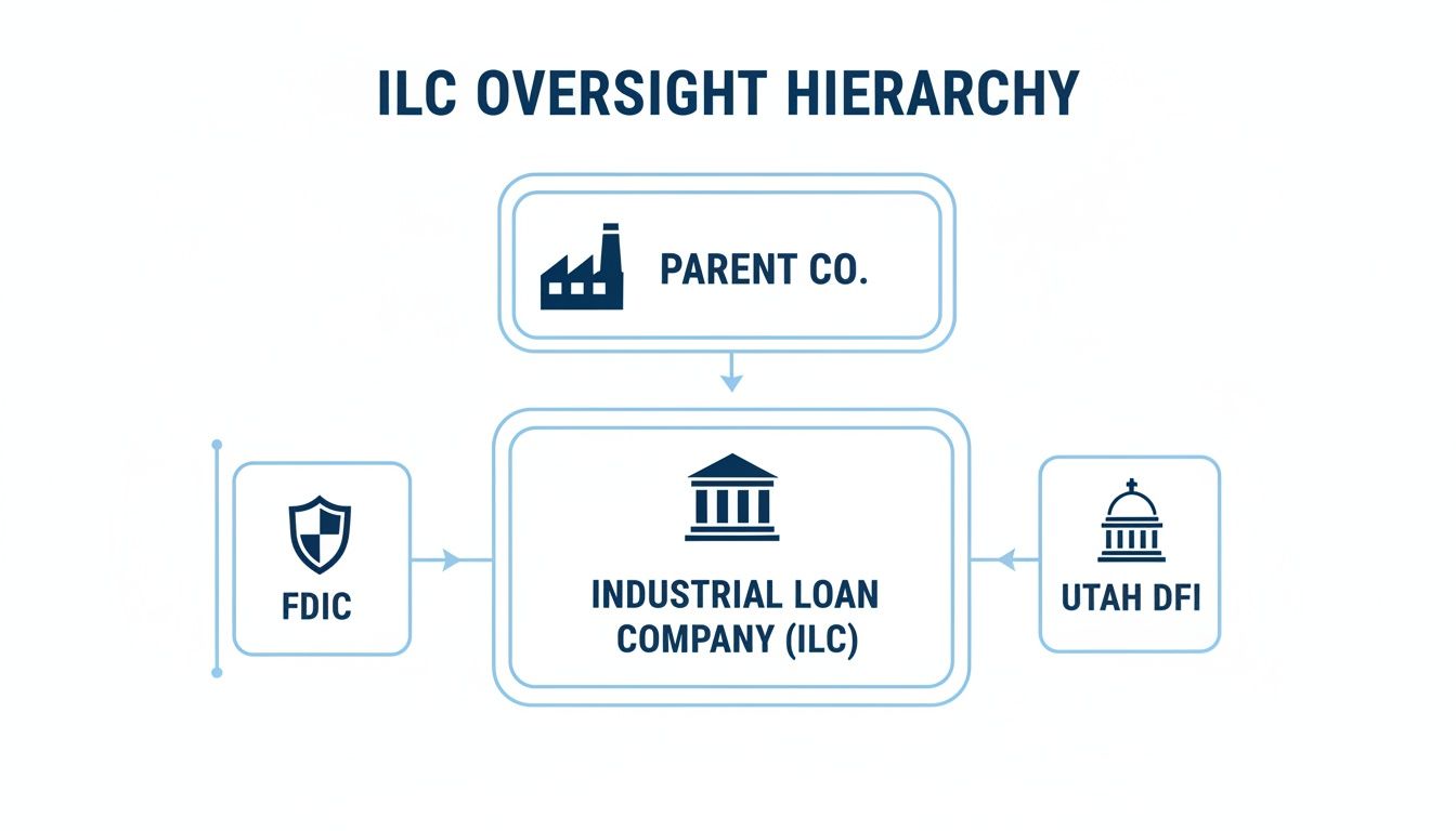 Diagram illustrating the oversight hierarchy for an Industrial Loan Company (ILC), showing Parent Co., FDIC, and Utah DFI.