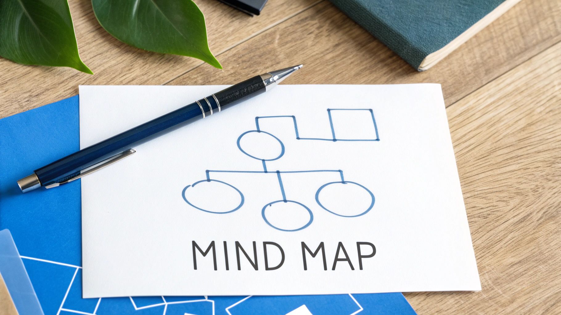 Hand-drawn mind map on a white card with a blue pen and green leaves on a wooden table.