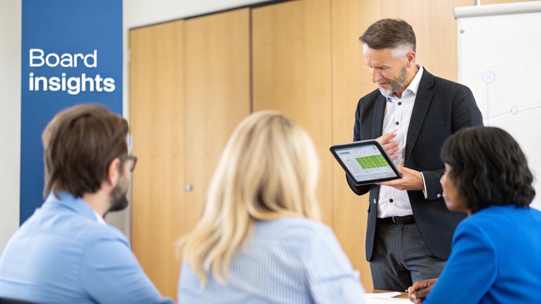 Business professional presenting data analytics on tablet to board members during corporate training meeting