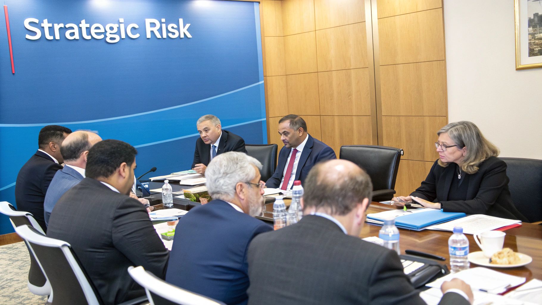 A group of banking executives in a modern office, analyzing data on a large screen, exemplifying strategic decision-making.