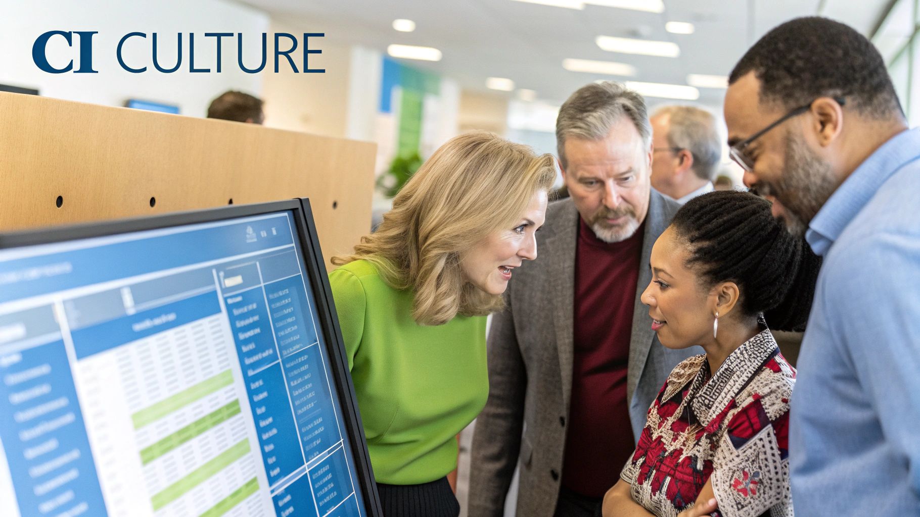 A team of professionals collaborating around a table with charts and data visualizations, symbolizing a CI-driven culture.