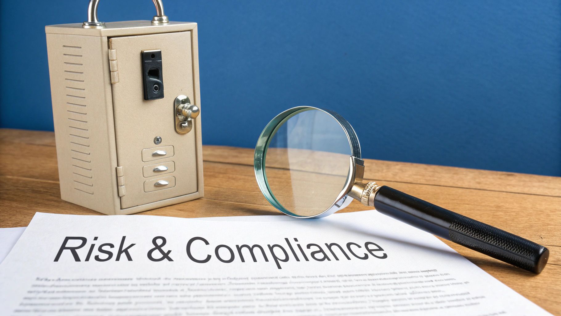 A beige miniature safe, a magnifying glass, and a document titled 'Risk & Compliance' on a wooden desk.