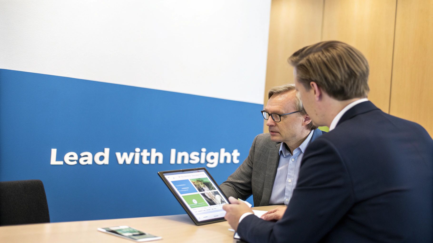 Two businessmen discuss content on a tablet in a modern office with 'Lead with Insight' wall text.