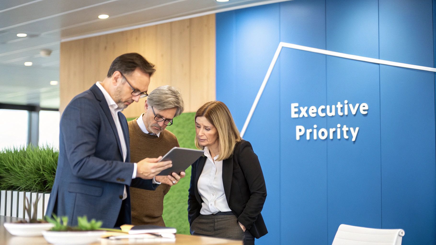 Three diverse business professionals review information on a tablet in a modern office.
