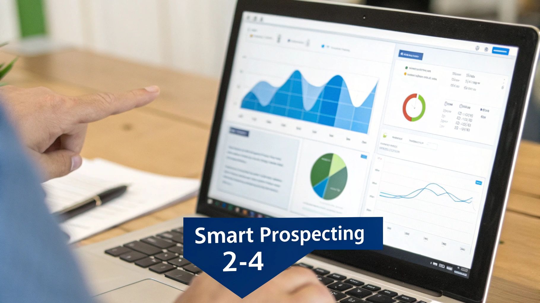 A person's hand points at a laptop displaying colorful business analytics and data visualization charts.