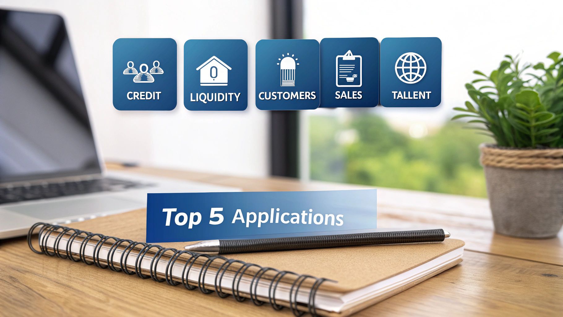 Digital display showcasing top 5 banking applications: Credit, Liquidity, Customers, Sales, Talent.