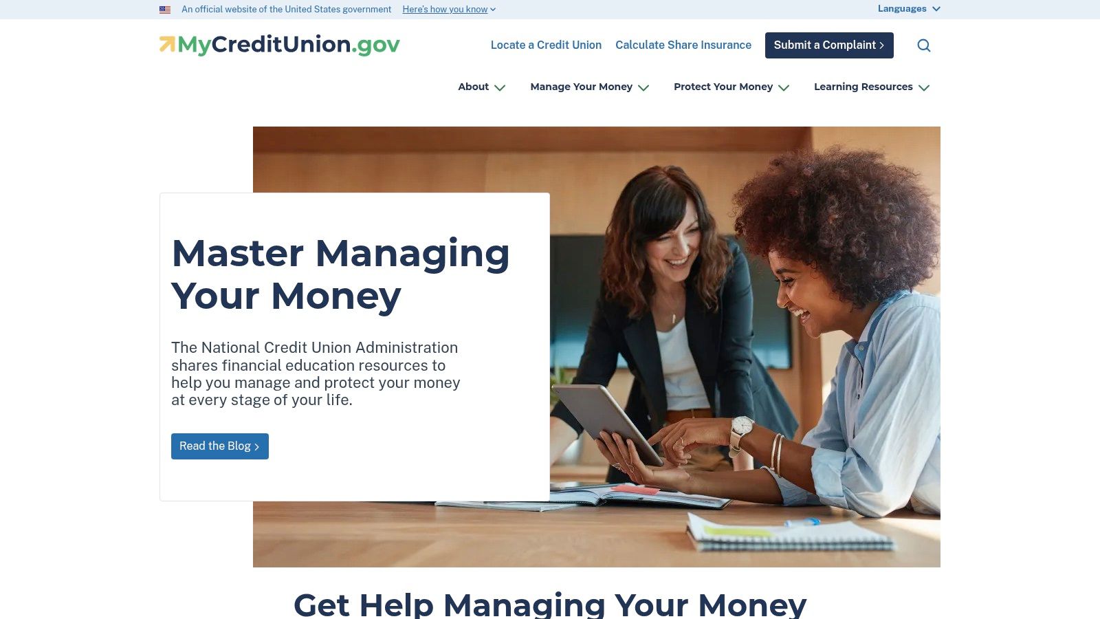 A screenshot of the NCUA's consumer education page, highlighting topics like share insurance and fraud prevention.