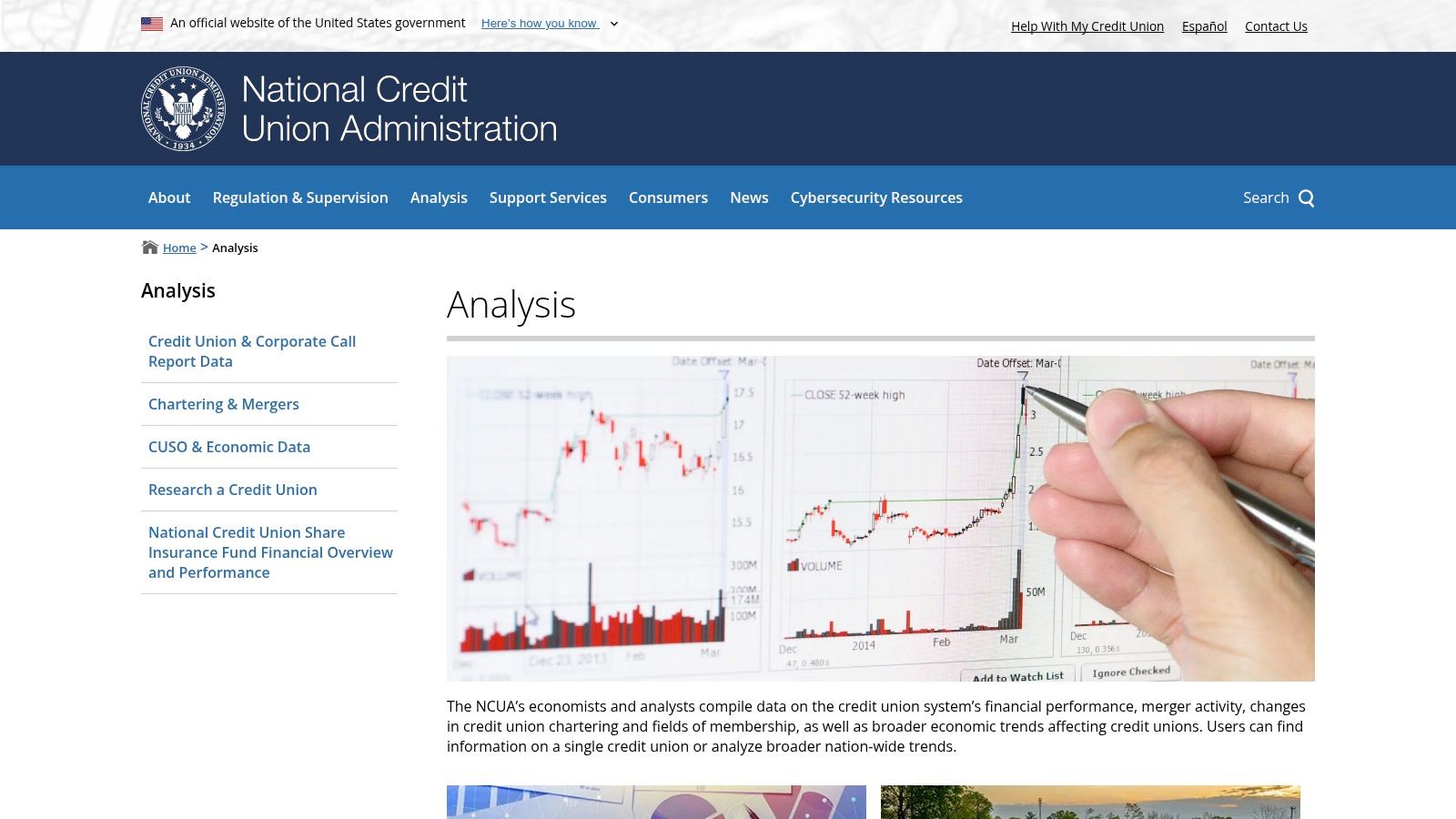 A screenshot of the NCUA's Research a Credit Union tool showing financial performance data charts.