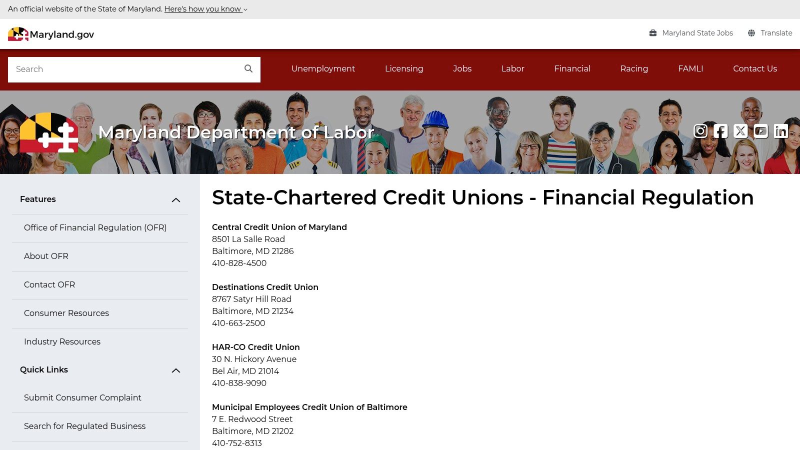 Maryland Office of Financial Regulation – State‑Chartered Credit Unions Directory
