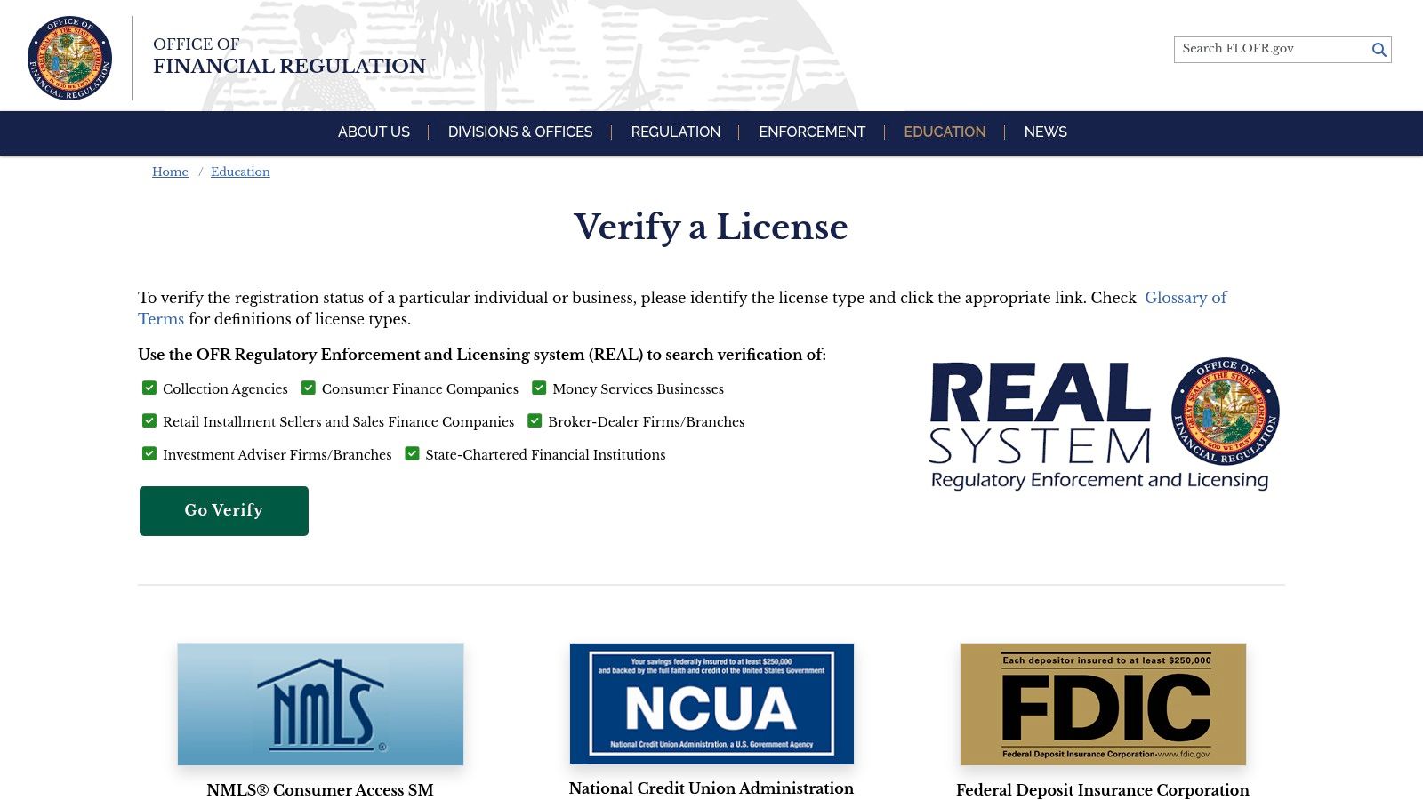 Florida Office of Financial Regulation (OFR) – REAL Portal (Verify a License)