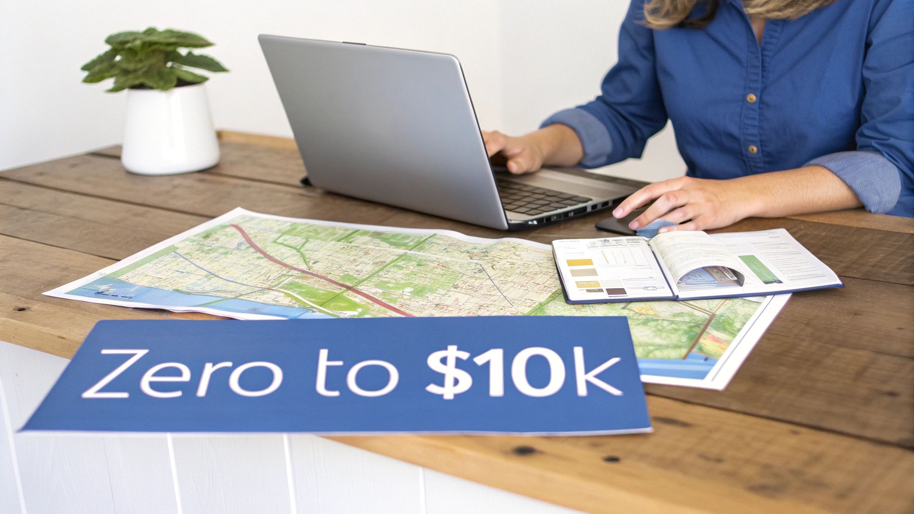 A person works at a desk on a laptop with a map, booklet, and a 'Zero to $10k' sign.