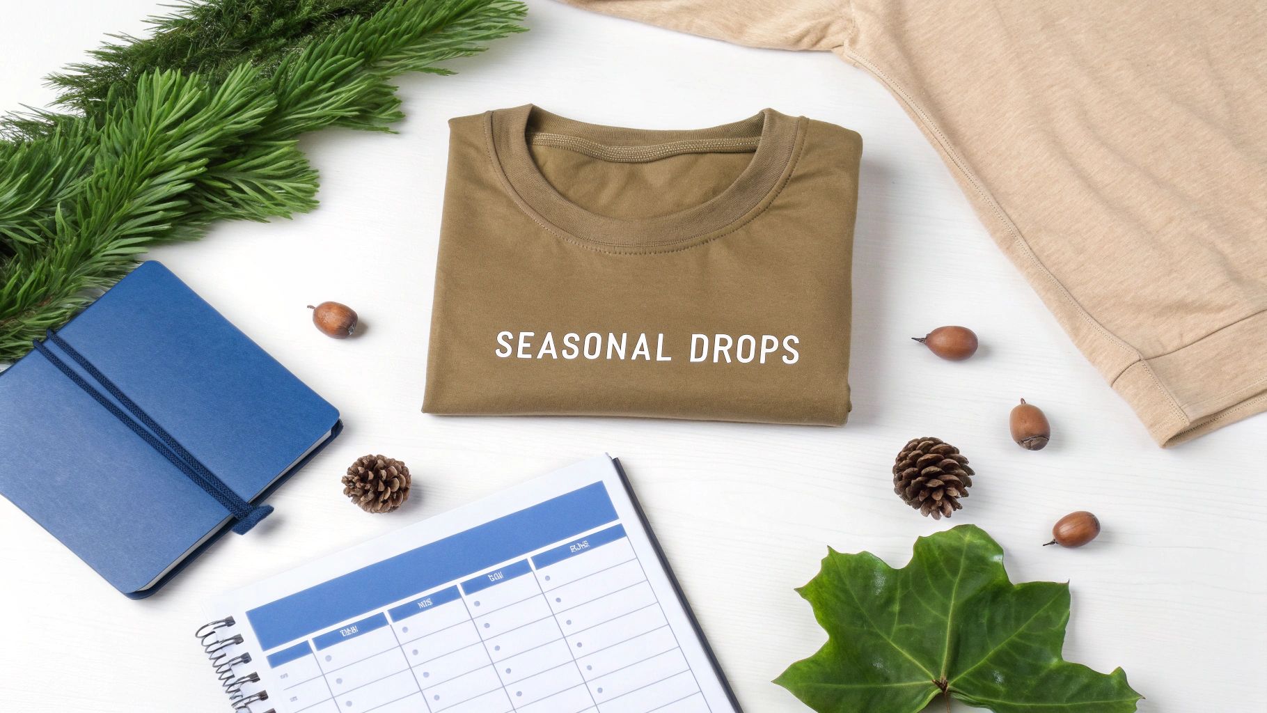 A flat lay of seasonal items including an olive green t-shirt, planner, pine branch, and acorns.