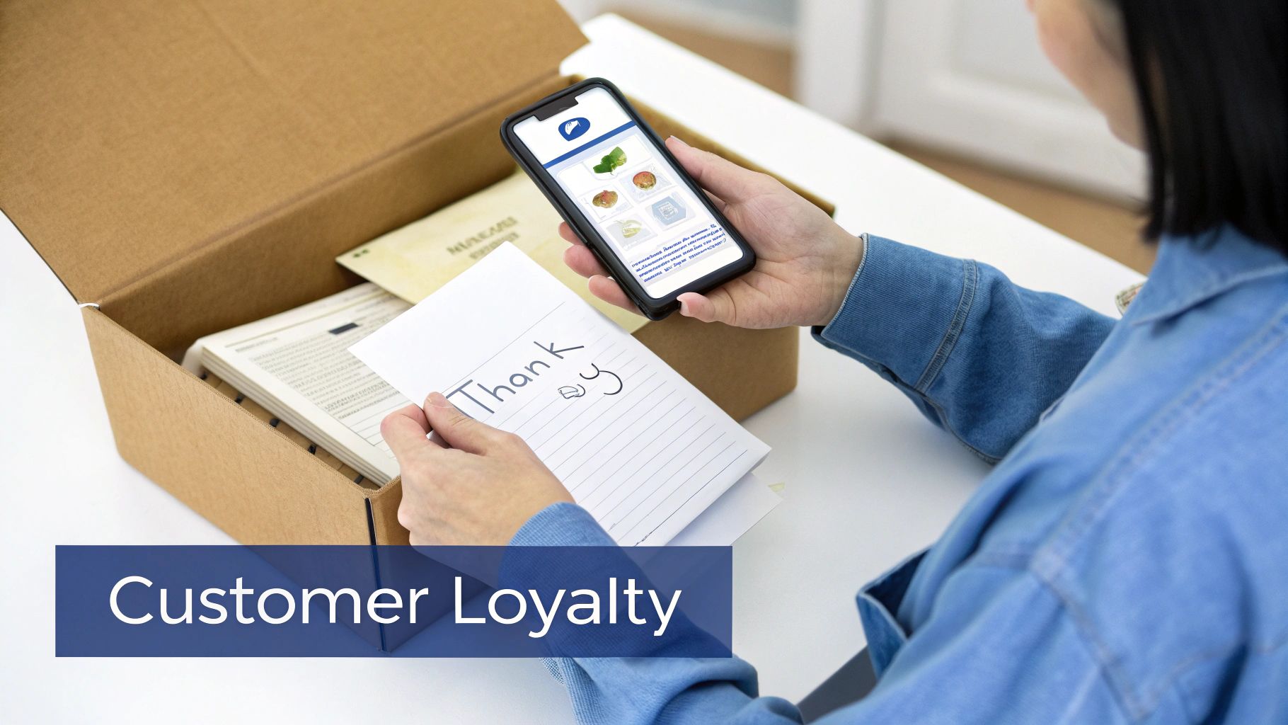 A person holds a smartphone and a 'Thank you' note next to an open delivery box, symbolizing customer loyalty.
