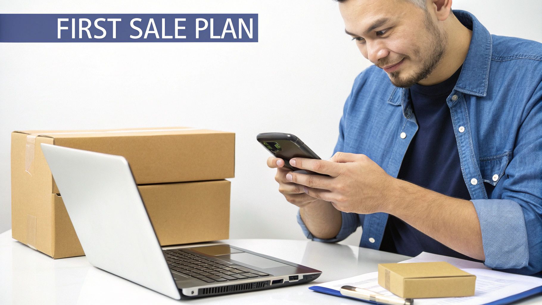 A smiling man uses a smartphone with a laptop and shipping boxes on a white desk.