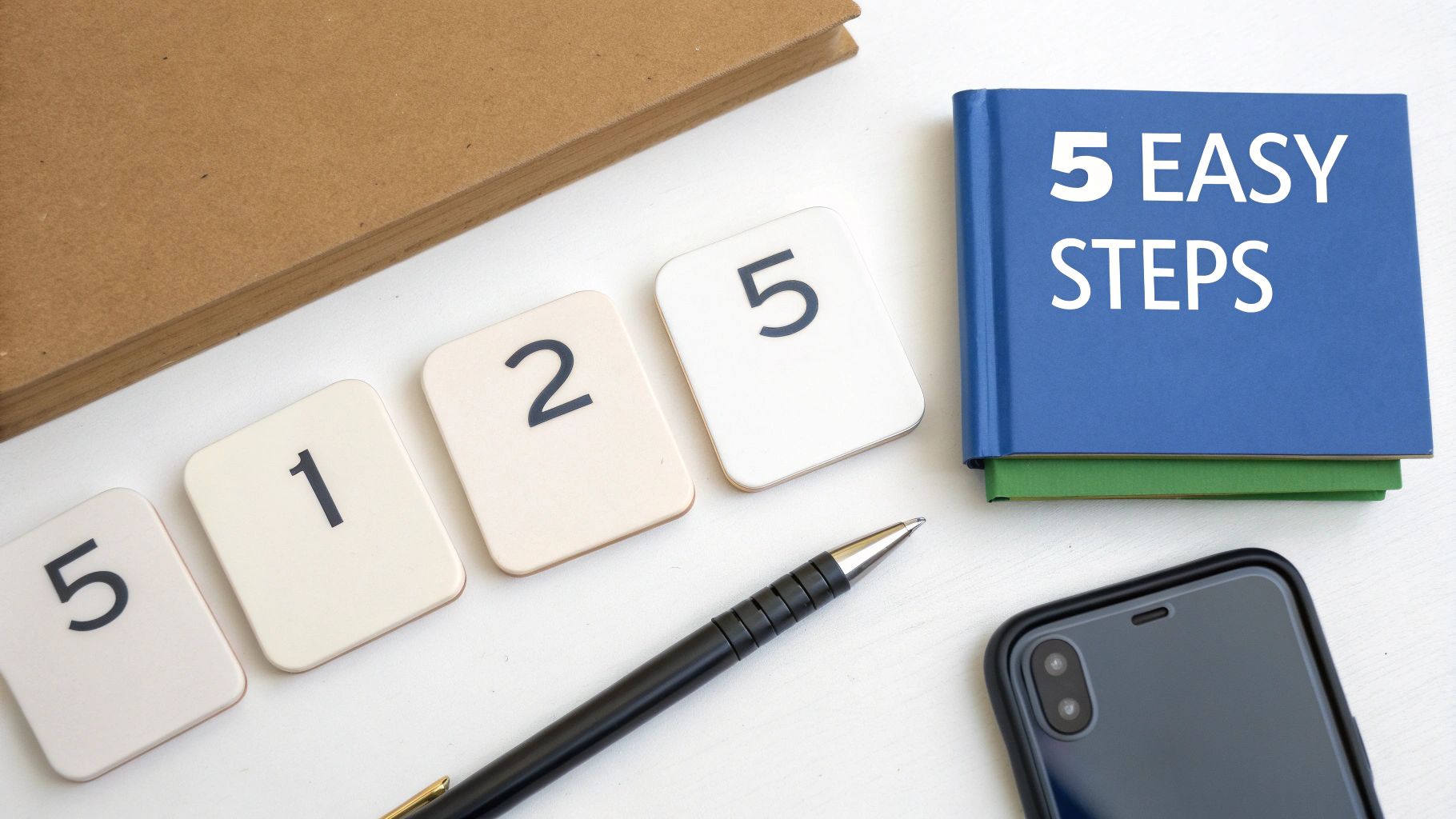 A desk setup with a blue '5 Easy Steps' book, numbered tiles, notebook, pen, and phone.