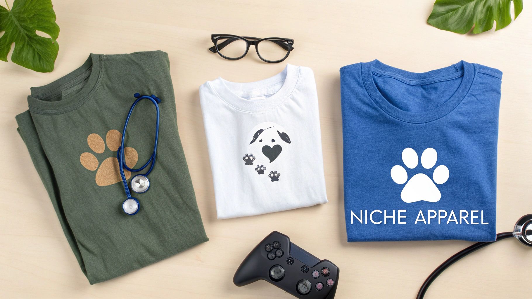 Three folded custom t-shirts with pet paw prints and a dog design, styled with a stethoscope and game controller.