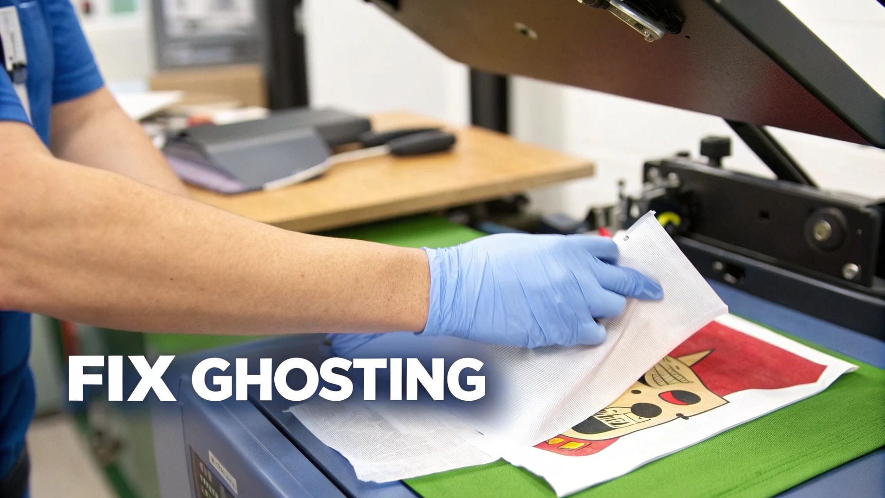 A person in blue gloves carefully removes fabric after sublimation printing, revealing a colorful design.
