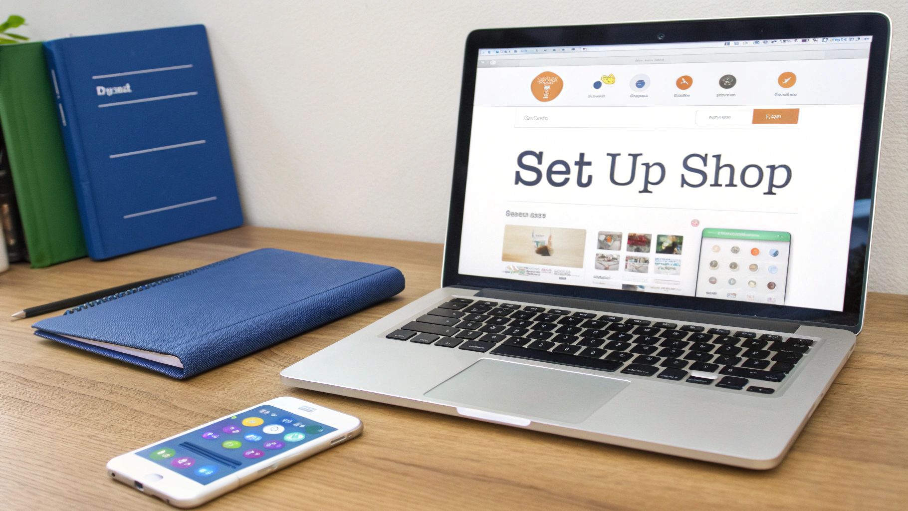 A laptop on a wooden desk displaying a 'Set Up Shop' website, with a smartphone and notebooks.