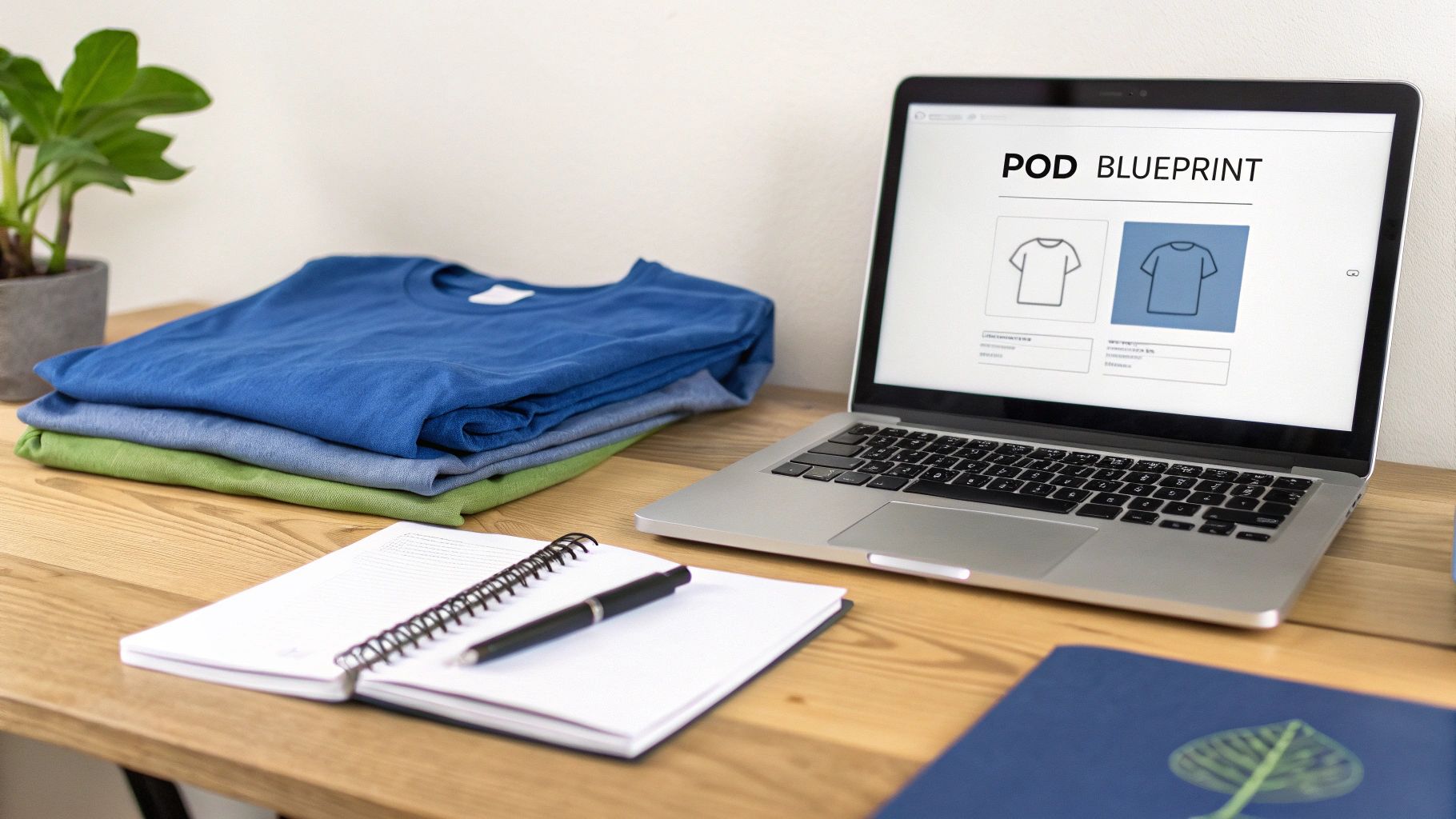 A desk setup with a laptop showing print-on-demand t-shirt designs, stacked shirts, and a notebook.