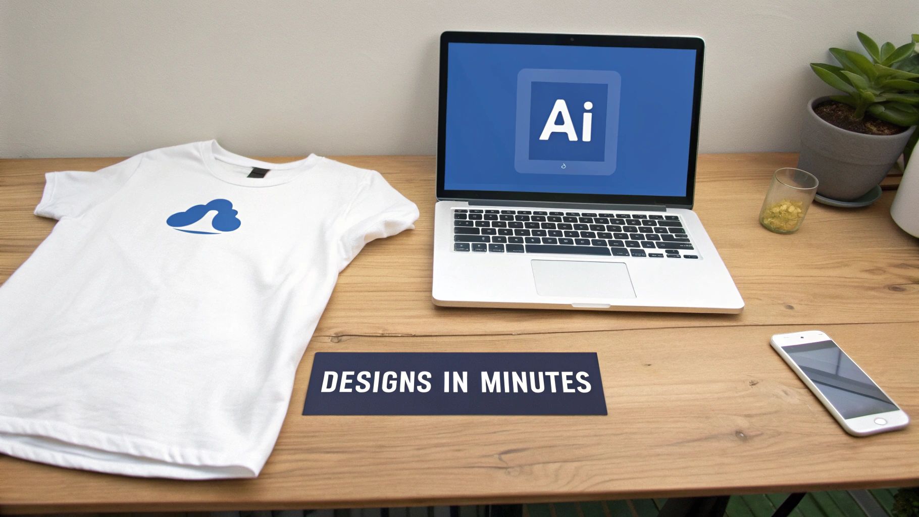 Workspace with a white t-shirt, laptop displaying a design tool, and a "DESIGNS IN MINUTES" banner.