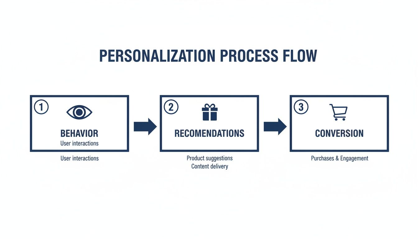 A three-step personalization process flow illustrating behavior, recommendations, and conversion with icons.