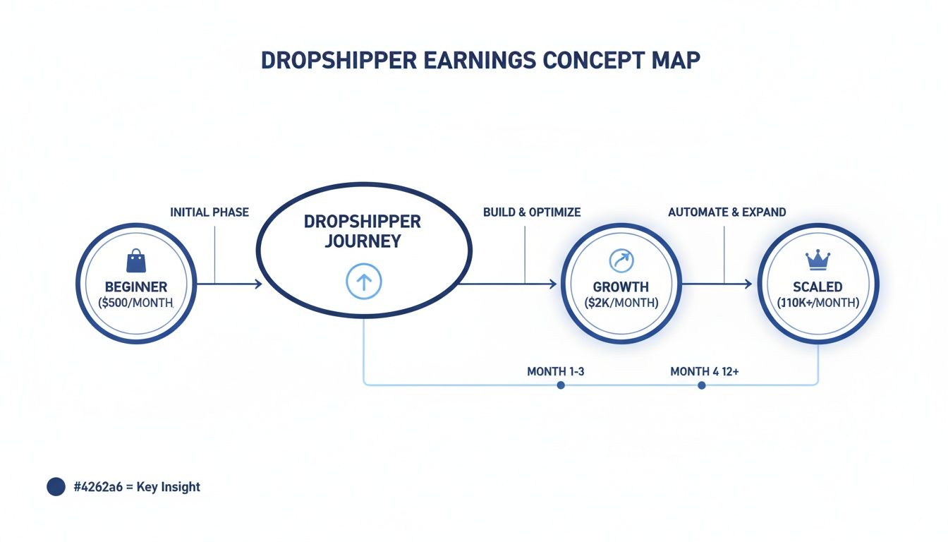 Concept map illustrating a dropshipper's earnings journey from beginner to scaled, showing income milestones and phases.