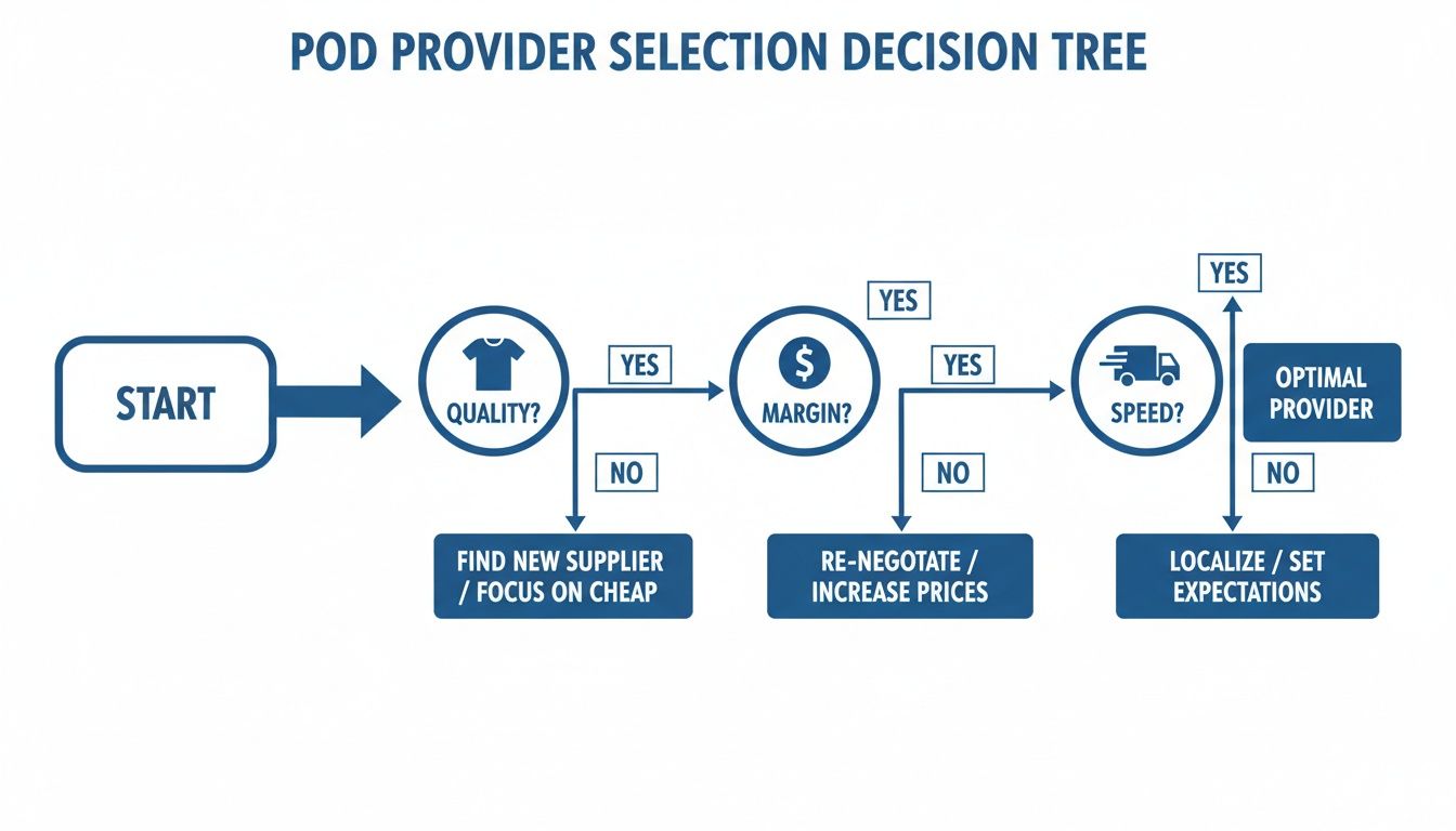 A decision tree flowchart for selecting a print-on-demand (POD) provider based on quality, margin, and speed.