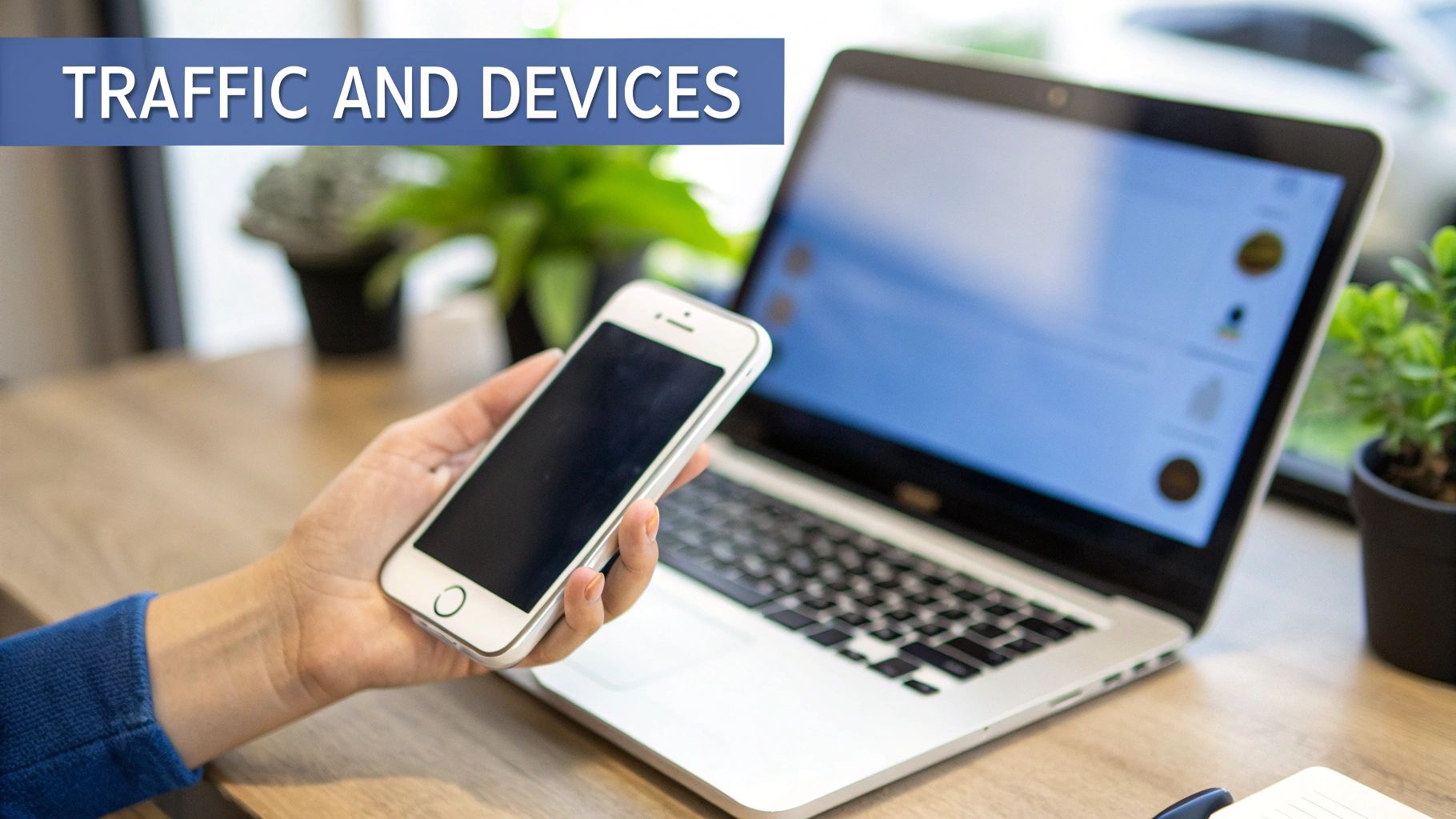 A person holds a white smartphone next to an open laptop on a wooden desk, with a 'TRAFFIC AND DEVICES' banner.