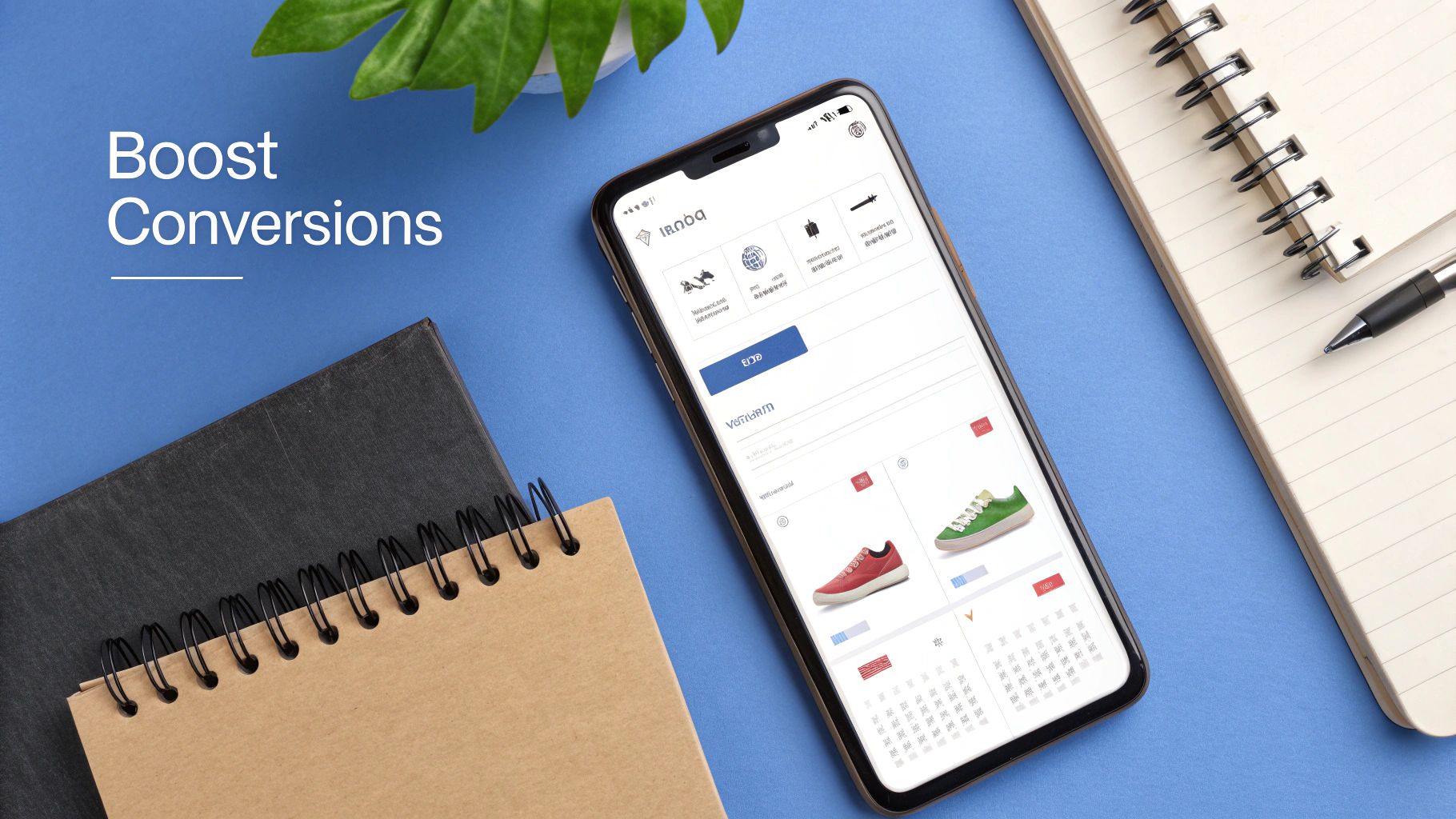 Smartphone displaying an e-commerce app with shoes, next to notebooks and a pen, on a blue desk. Text: 'Boost Conversions'.