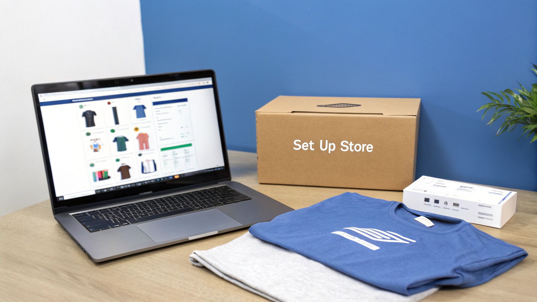 A laptop showing an online store with t-shirt products next to a 'Set Up Store' box and folded t-shirts on a desk.